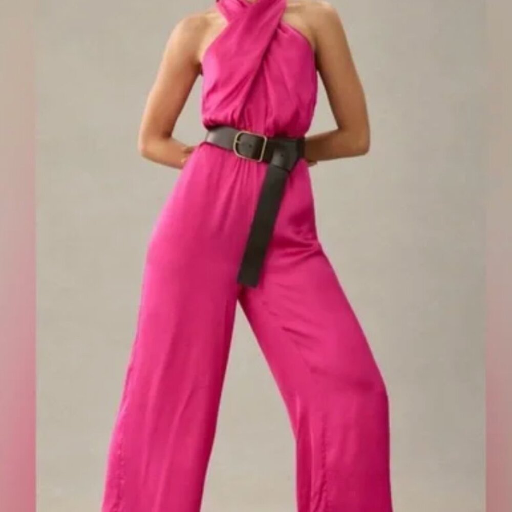 Anthropologie Fuchsia Satin Halter Jumpsuit
